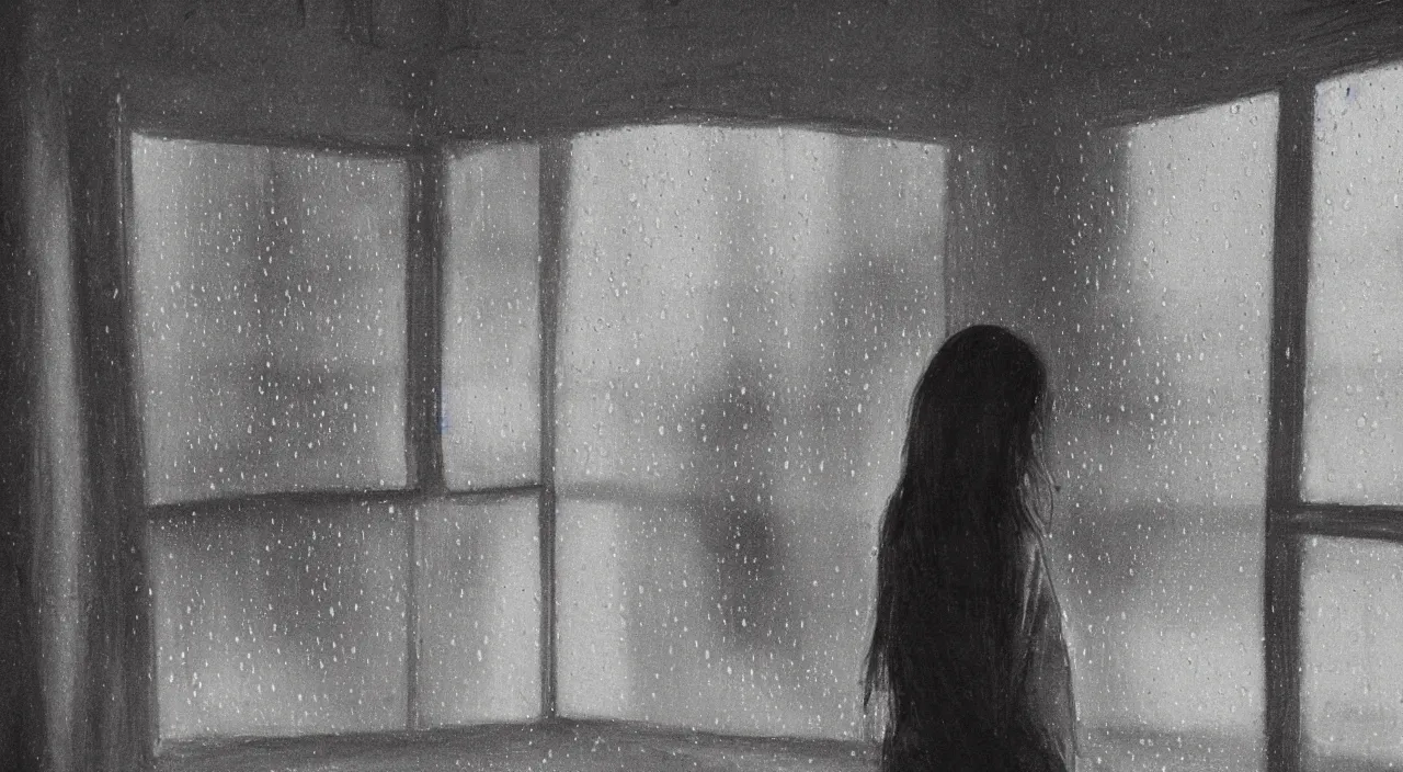 Image similar to a girl stuyding at night infront of rainy window