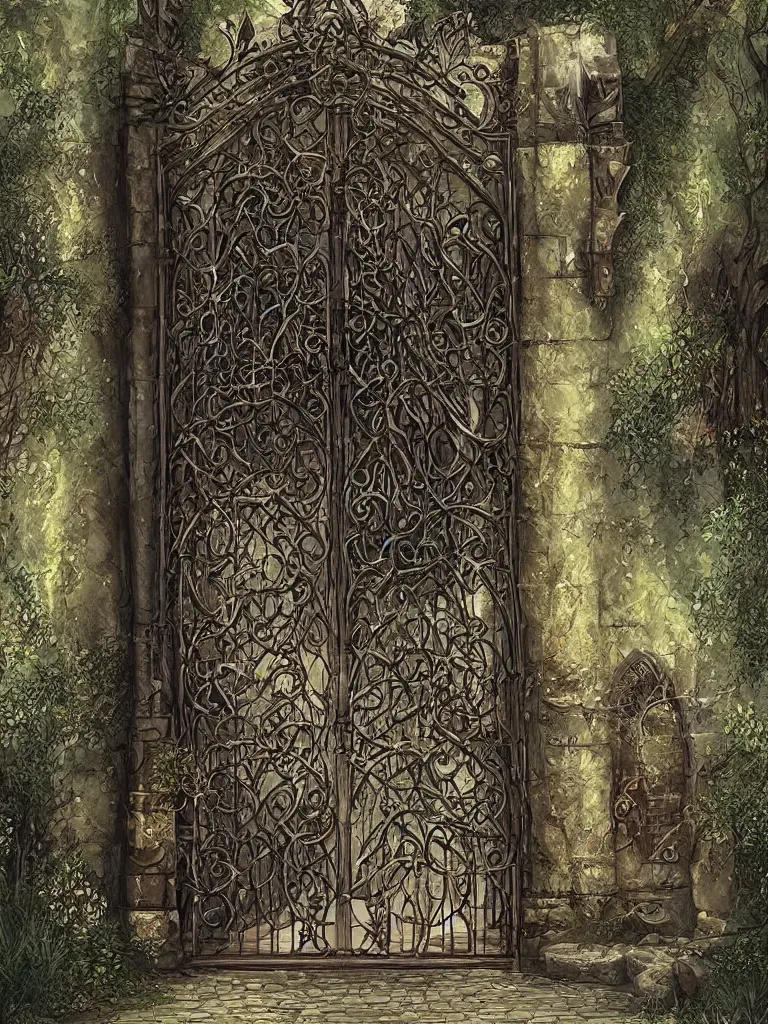 Prompt: beautiful digital painting high quality heavy iron gothic garden gate cobblestone ground artstation behance