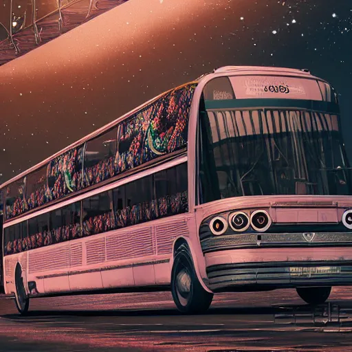 Image similar to floating bus, digital art, cosmic, 3 d high definition, trending on art station, photorealistic, high resolution, 8 k, octane, hyper detailed, insane details, intricate, elite, ornate, elegant trend, highly detailed and intricate, sharp focus, photography, unreal engine