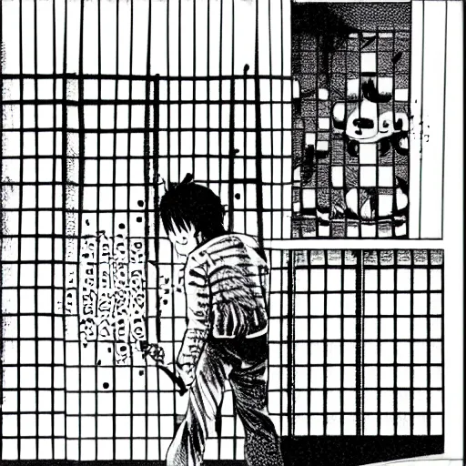 Image similar to neighbor drilling grid holes in a room, manga, black and white manga horror in style of junji ito, kentaro miura