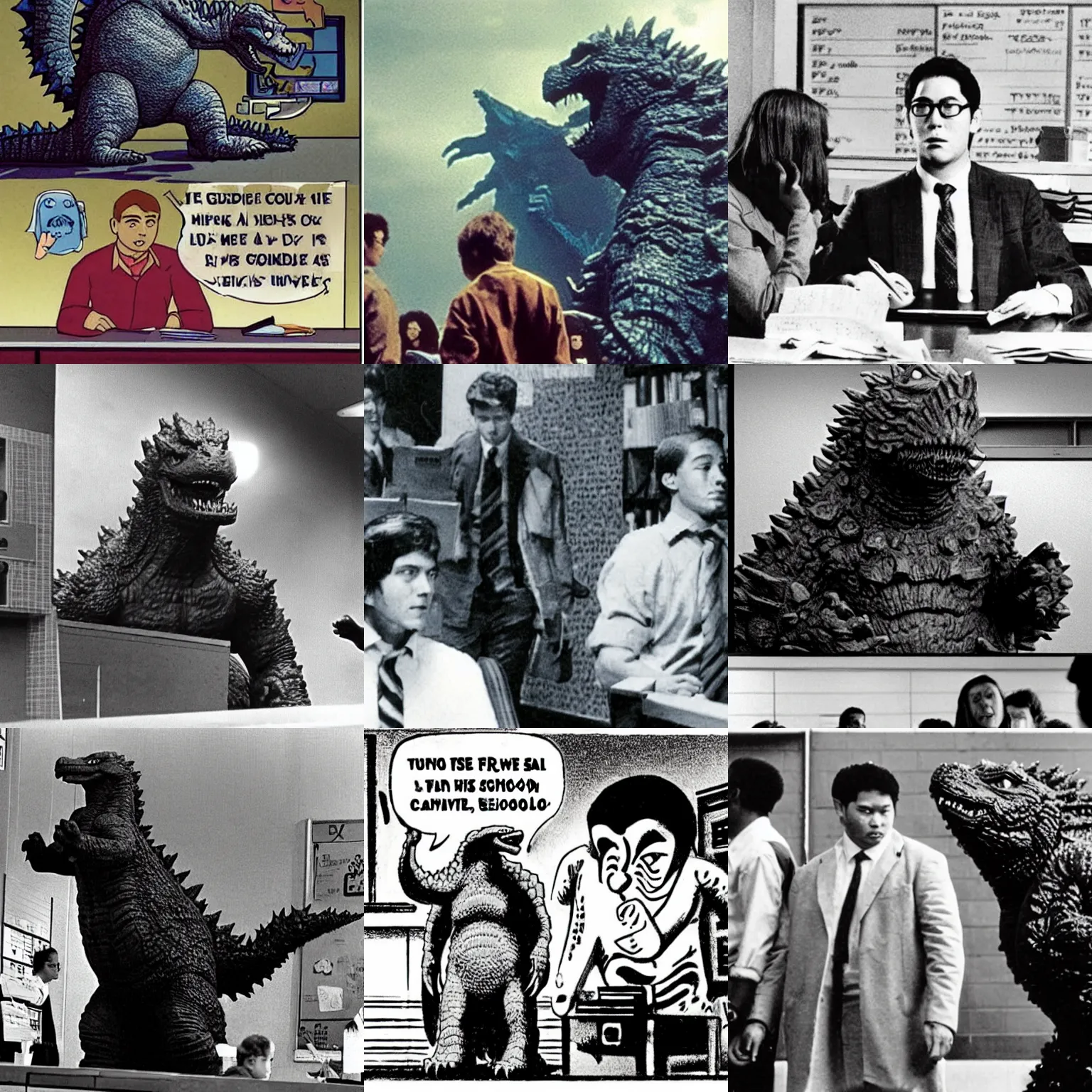 Prompt: godzilla as a guidance counselor in a high school