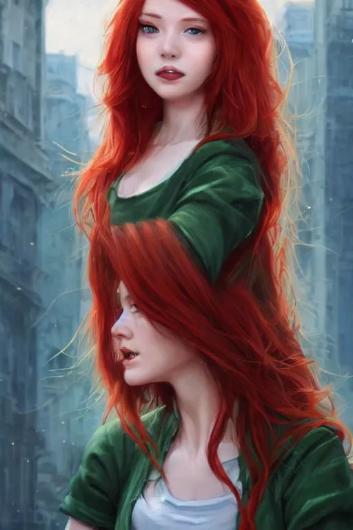 Image similar to beautiful cute red haired joyful and playful 1 9 year old maiden standing up in casual green clothing, long hair, modern city, rpg character, sci - fi, fantasy, intricate, elegant, digital painting, artstation, concept art, smooth, 8 k frostbite 3 engine, ultra detailed, art by artgerm and greg rutkowski and magali villeneuve