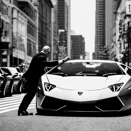 Prompt: black and white press photograph of a man in a suit pushing a lamborghini that is out of gas on a busy city street, sideview, detailed, natural light, mist, film grain, soft vignette, sigma 5 0 mm f / 1. 4 1 / 1 0 sec shutter, imax 7 0 mm footage