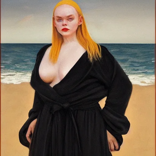 Image similar to obese and ugly Elle Fanning in a black robe holding a skull on the beach, head and shoulders portrait, stormy weather, extremely detailed masterpiece, Roger Deakin’s cinematography, oil on canvas, Edward Hopper,