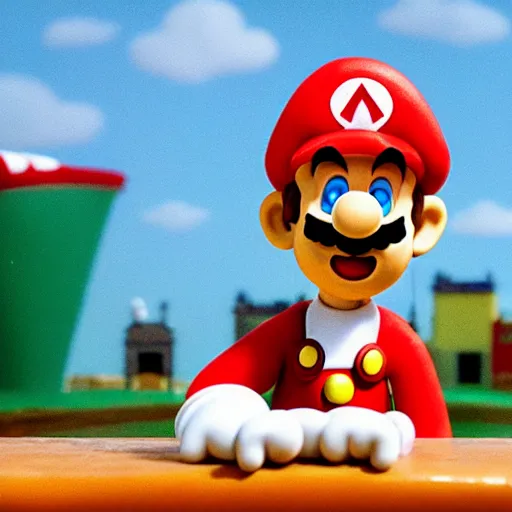 Image similar to Photo of ((Mario)) in a still from a Wallace and Gromit stopmotion animation, plasticine models, British stopmotion, high quality, a bit desaturated colors, art by Aardman Animations, 4k