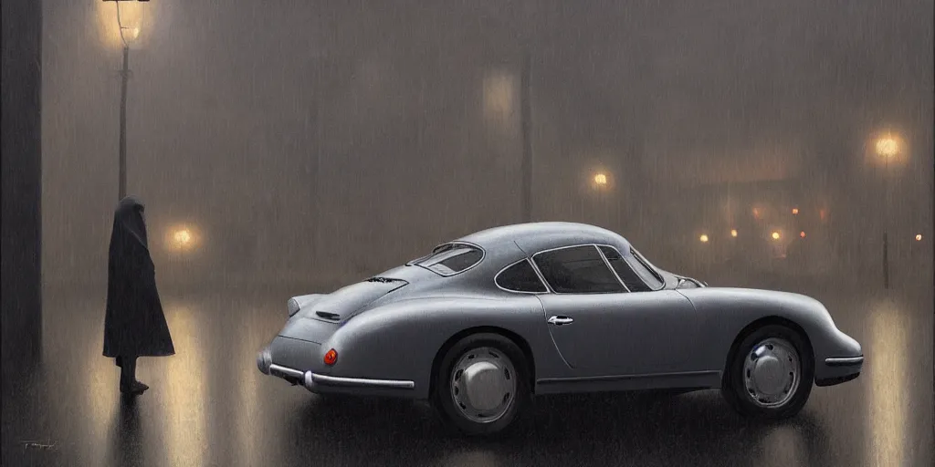 Prompt: Mysterious figure at a silver Porsche 550 with its headlights on, parked on the side of the road in the city of Cologne in the rain, by George Tooker, moody, ominous, lighting, hyper-realistic.