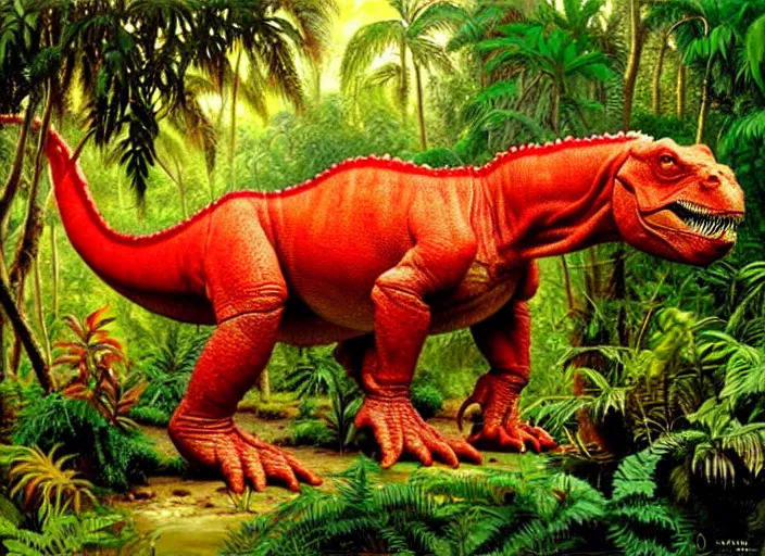 Image similar to red dinosaur in a lush jungle, oil painting, james gurney, highly detailed, golden hour