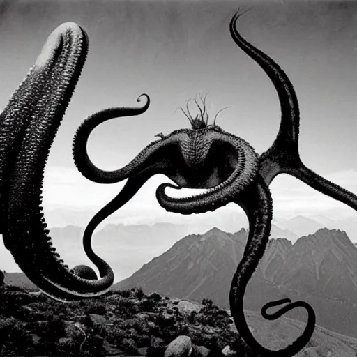 Image similar to a large tentacled monstrosity squid dinosaur stepping over a mountain range by Ansel Adams and H.R. Giger, black and white photography