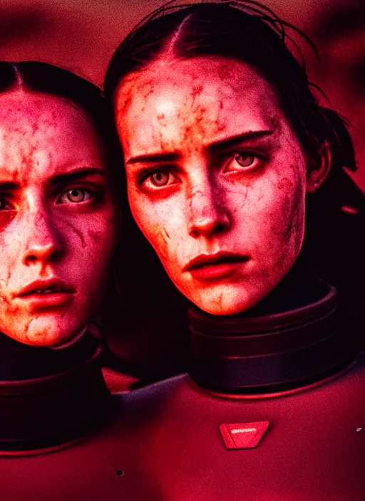 Image similar to cinestill 5 0 d photographic portrait of two sultry loving female androids wearing rugged black techwear on a desolate plain with a red sky, extreme closeup, cyberpunk style, garters, dust storm, 8 k, hd, high resolution, 3 5 mm, f / 3 2, ultra realistic faces, ex machina