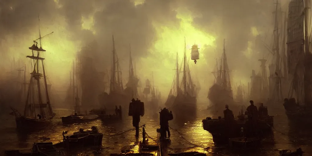 Image similar to a seaport in 1 9 4 0 with red light on, sunny day, a men stand up next to the edge, mystical orange fog, oil on canvas, art by andreas achenbach, clemens ascher, tom bagshaw and sabbas apterus,