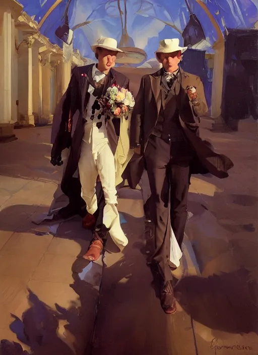 Prompt: jungkook and taehyung of bts getting married in las vegas, jodhpurs hyperborea winter traveler treasure hunter greg manchess painting by sargent and leyendecker, fantasy, medium shot, asymmetrical, intricate, elegant, matte painting, illustration, hearthstone, by rhads, by greg rutkowski, by greg tocchini, by james gilleard, by joe fenton