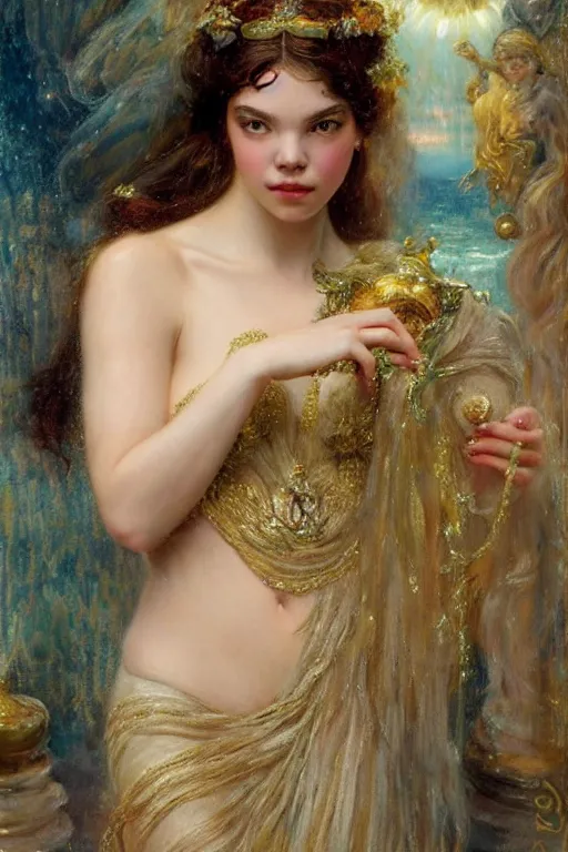 Image similar to portrait of anya taylor - joy as the goddess aphrodite. art by gaston bussiere.