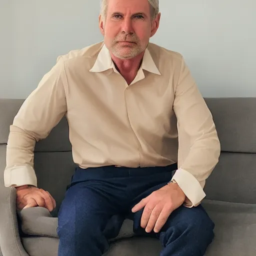 Image similar to full body photo of steve, mature male, mysterious face. he is a doctor. he is sitting gracefully on a sofa, elegant slim beige shirt, enormous bubble belly