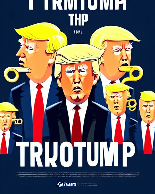 Image similar to painting portrait of trump with trumpet hair, cartoon, warm lighting, trump has hair as a trumpet, trumps hair is coming out as trumpet. movie poster, illustration by bartek fedyczak, erak note, tooth wu, neil richards, kan liu, siwoo kim, jisu choe, trending on art station