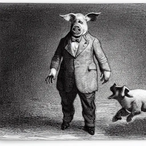 Image similar to a pig walking on two legs, creepy atmosphere, dressed in a tuxedo, dark, close-up, realistic, very realistic, illustration by Gustave Doré