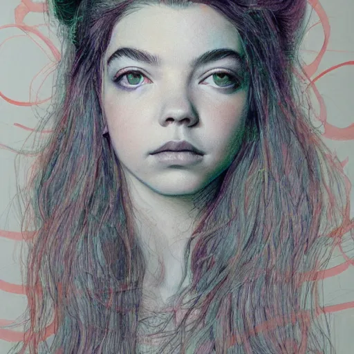 Image similar to anya taylor - joy ethereal look portrait in detail in block colour by james jean,