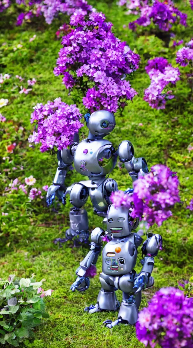 Image similar to toy robot in a garden, hyper detailed, sharp focus, bokeh, unreal engine, ray tracing, cute, fantasy, sci fi, purple flowers, tiny, small, hyper realistic