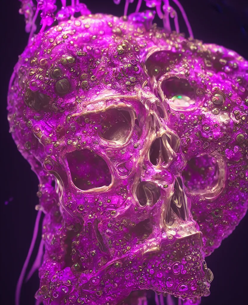 Image similar to close-up portrait of skull dichroic orchid jellyfish skull, betta fish, bioluminiscent creatures, intricate artwork by Tooth Wu and wlop and beeple. octane render, trending on artstation, greg rutkowski very coherent symmetrical artwork. cinematic, hyper realism, high detail, octane render, 8k