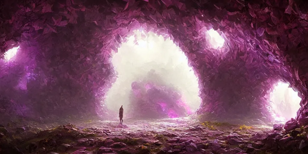 Image similar to beautiful hyper realistic zergling tunnel in cave of purple crystals, beautiful painting by greg rutkowski, atmosphere, ethereal, magic, amazing, positive vibes