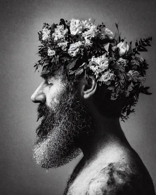 Image similar to a man's face in profile, long beard, made of flowers, in the style of the Dutch masters and Ansel Adams, dark and moody