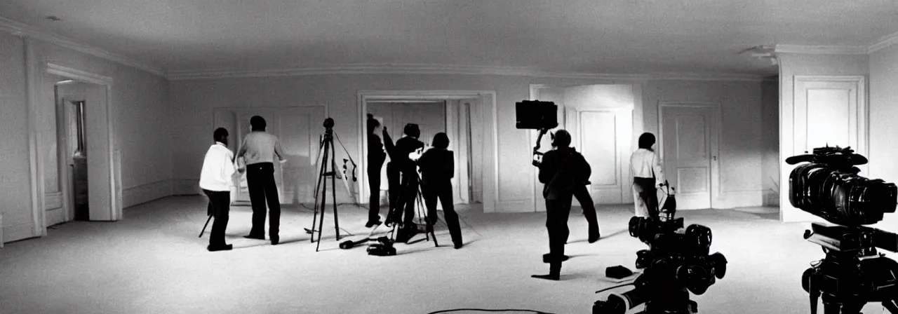 Prompt: Cinematography a behind the scenes shot from The shining movie. Hollywood. Camera crew. Kubrick. Cinema.