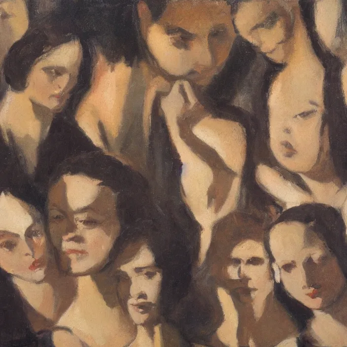 Prompt: group of people pictured in afternoon light, close - up of the faces, anatomically and proportionally correct, oil painting by dora maar and malcolm liepke, detailed