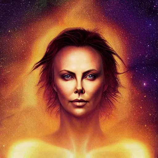 Prompt: “ seraphim deity charlize theron portrait, heavenly nebula space, atmospheric lighting, painted, intricate, volumetric lighting, beautiful, rich deep colours masterpiece, golden hour, sharp focus, ultra detailed, holographic art glowing soul emitting energy, by leesha hannigan, ross tran, thierry doizon, kai carpenter, ignacio fernandez rios ”