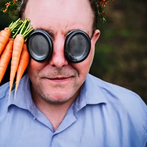 Prompt: photo of a man with carrots sticking out of eyes