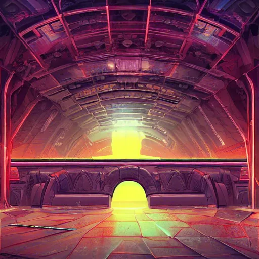 Prompt: ancient structure, retrowave epic art, trending on art station