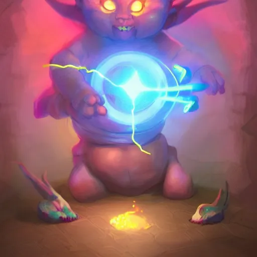 Image similar to a super cute demon playing with his magical power in his home ,chubby,concept art trending on artstation, deviantart, very detailed , glowing effect, magic