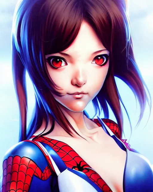 Image similar to portrait Anime spiderman cosplay girl cute-fine-face, pretty face, realistic shaded Perfect face, fine details. Anime. realistic shaded lighting by katsuhiro otomo ghost-in-the-shell, magali villeneuve, artgerm, rutkowski Jeremy Lipkin and Giuseppe Dangelico Pino and Michael Garmash and Rob Rey