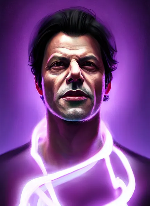 Image similar to portrait of imran khan, purple clothes, white bangs, two color hair, black hair and white bangs, intricate, elegant, glowing lights, highly detailed, digital painting, artstation, concept art, smooth, sharp focus, illustration, art by wlop, mars ravelo and greg rutkowski