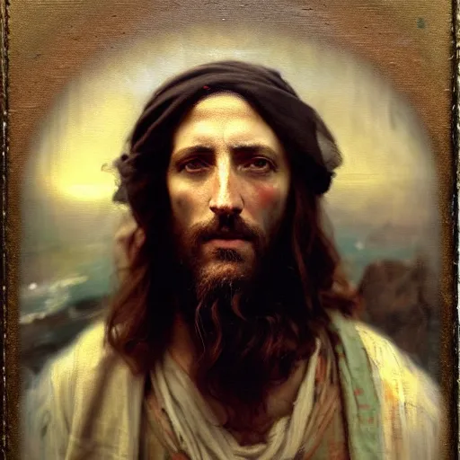 Image similar to photograph imax and solomon joseph solomon and richard schmid and jeremy lipking victorian loose genre loose painting full length portrait painting of jesus