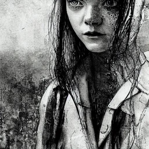 Prompt: Elle Fanning in the painted world of Metro 2033, head and shoulders masterpiece, burning car, apocalypse, golden hour, cosmic horror, artstation, in the style of Andrew Wyeth and Edward Hopper and Bosch, extremely detailed