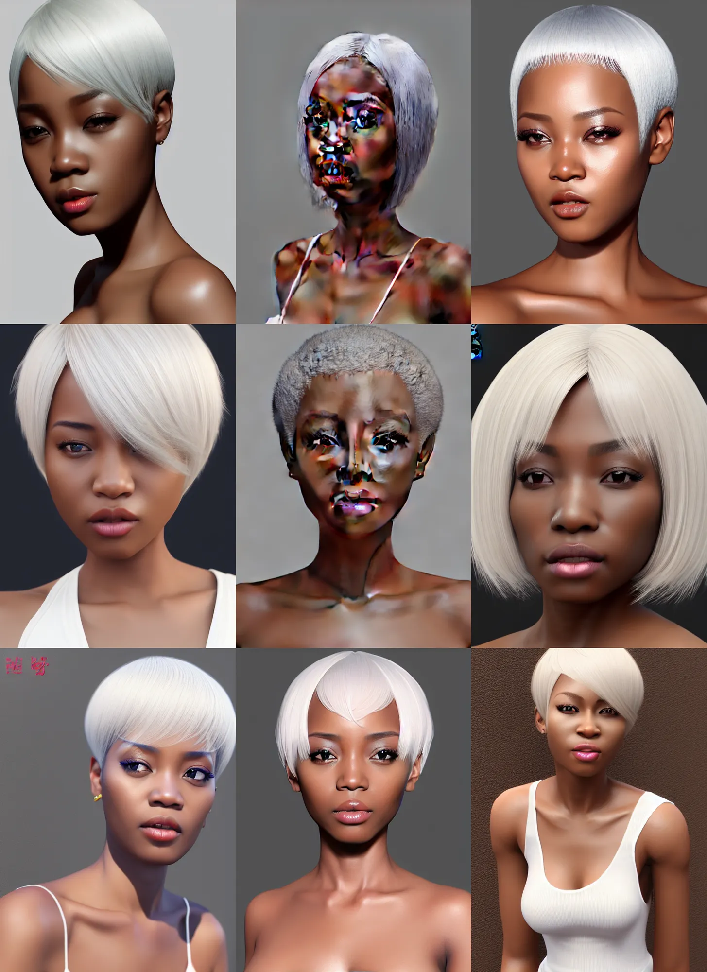 Prompt: full length complex 3 d hyper realistic smooth ultra sharp render of a gorgeous light skinned african woman with short white hair long bangs | art by 吵 集 仁 儿 on artstation + oh jinwook + sakimichan