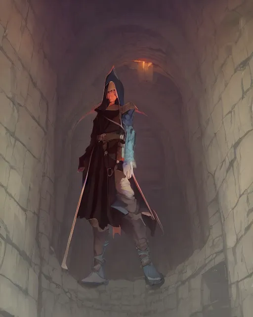 Image similar to a hooded adventurer standing in a dungeon. atmospheric lighting, 8 k. by makoto shinkai, stanley artgerm lau, wlop, rossdraws, james jean, andrei riabovitchev, marc simonetti, krenz cushart, sakimichan, d & d trending on artstation, digital art.