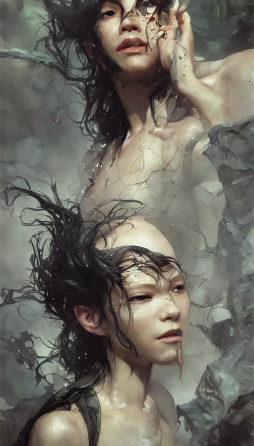 Image similar to epic masterpiece dustin nguyen, sweaty skin, hyperrealistic, octane render, cinematic, beautiful face and flawless skin, perfect hands, 5 fingers, by edgar maxence and ross tran and michael whelan, legends of runeterra