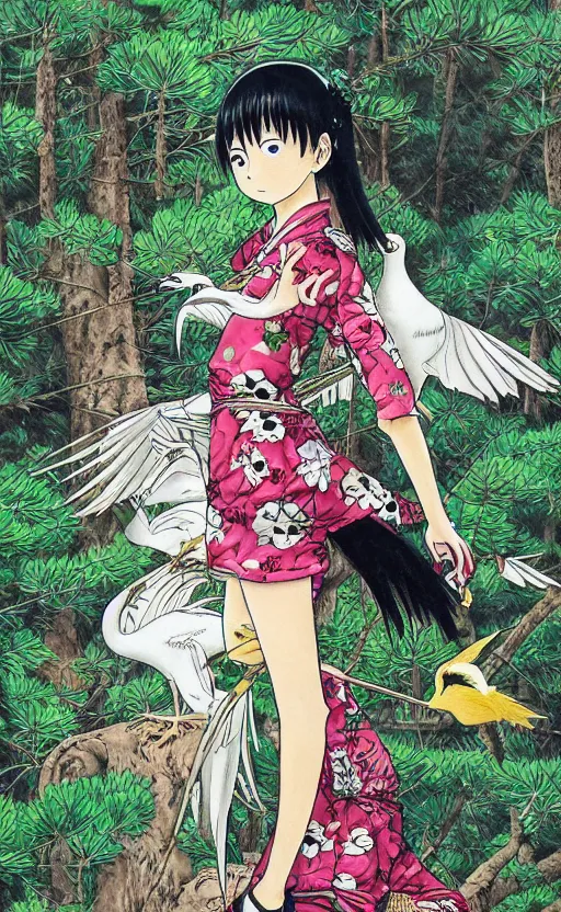 Prompt: by eiichiro oda, full color manga art, girl next to a japanese crane bird in japanese pines, trading card front, kimono, realistic anatomy, sun in the background