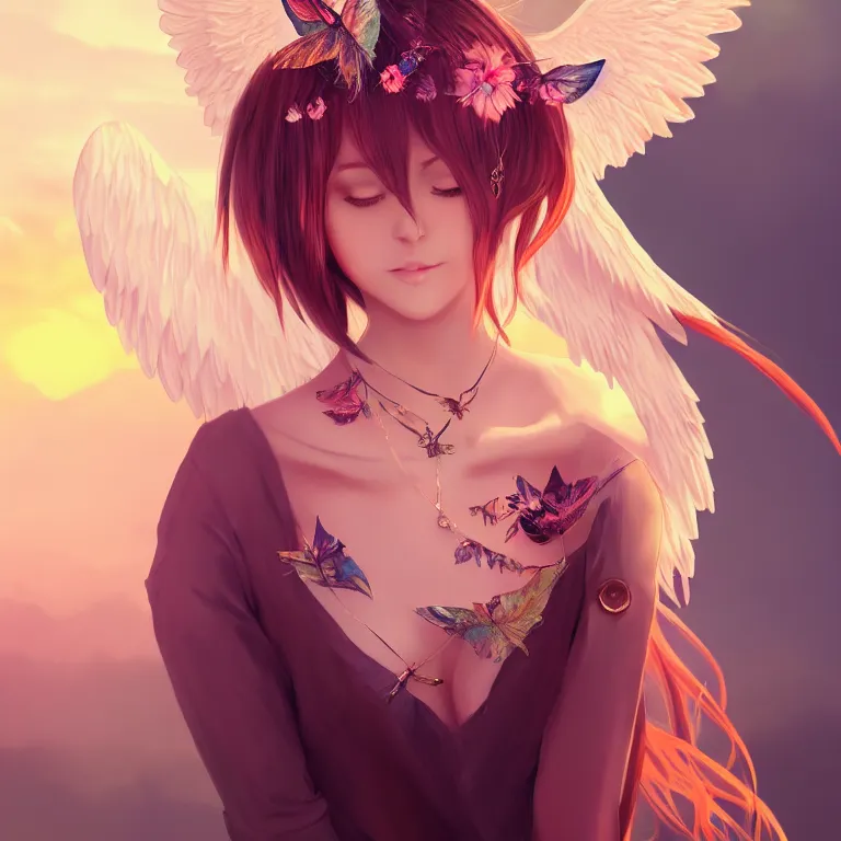 Prompt: Portrait of a beautiful elegant woman colors, angelic wings on her back, cat ears, luxurious necklass, sunset warm spring, centered full-body shot, fantasy, anime, vibrant, intricate details, trending on ArtStation, Deviantart, by WLOP