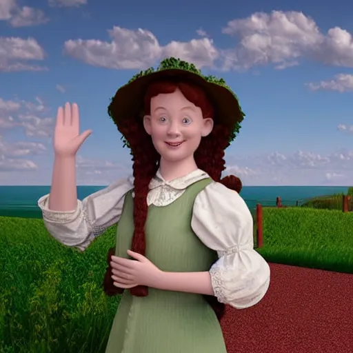 Image similar to A 3D rendering of anne of green gables waving goodbye from the show anne with an e