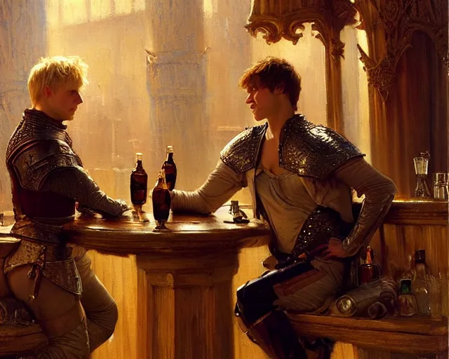 Image similar to attractive arthur pendragon and attractive lancelot go to a pub together to have some drinks. highly detailed painting by gaston bussiere, craig mullins, j. c. leyendecker 8 k