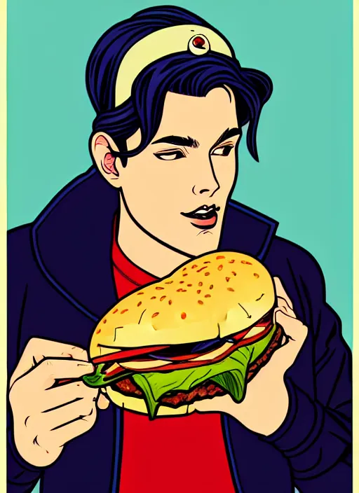 Prompt: jughead jones devours a hamburger, intricate, elegant, highly detailed, lighting, painting, artstation, smooth, illustration, art by greg rutowski and alphonse mucha