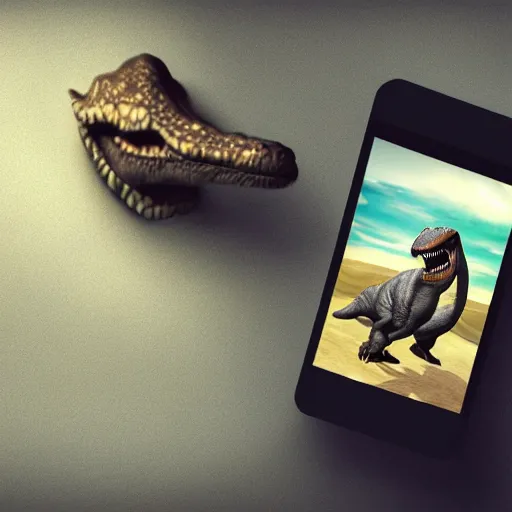 Image similar to photography, 3 d render, cellphone, dinosaur, water, mixed