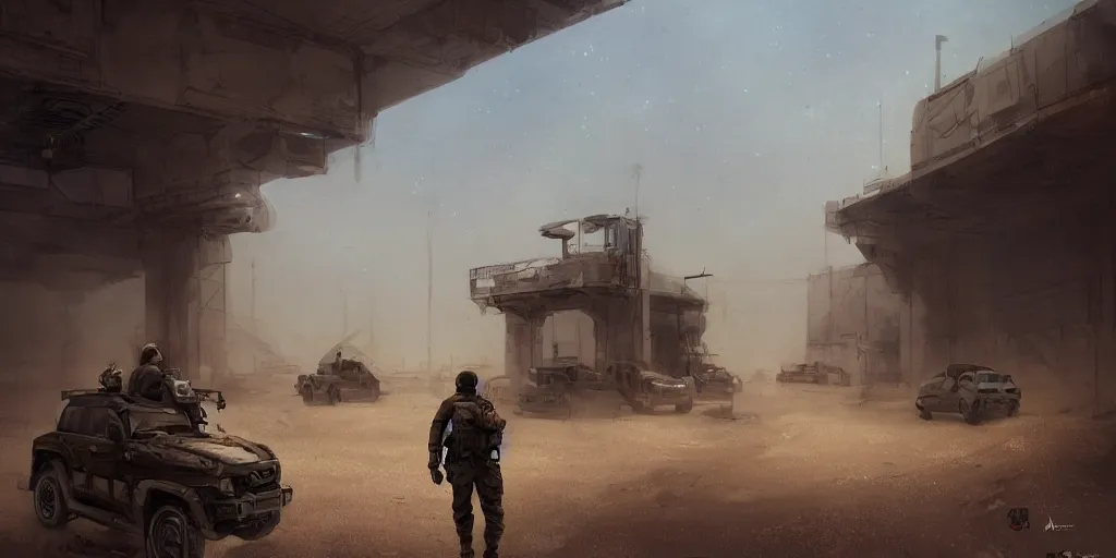 Prompt: private military company operatives standing outside immigration check point with severe sand storm across the sky, cinematic, realistic, detailed, intricate, digital art, ambient lighting, by jordan grimmer, industrial art style, 3 5 mm film grain, artstation