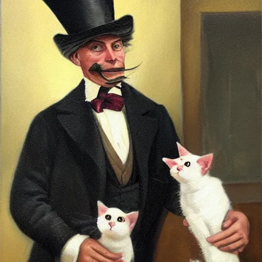 Image similar to an oil painting of a man in a factory looking at a cat wearing a top hat