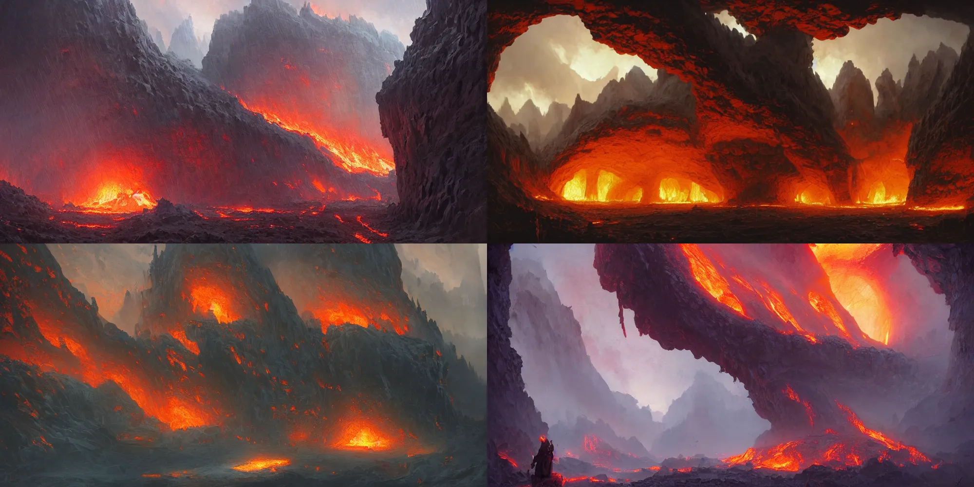 Prompt: Underworld caverns with mountains of ash and fire,, huge obsidian houses and buildings, tall obsidian architecture, rock roof, underground, flowing lava, cozy wallpaper, 4k, trending on Artstation, award-winning, art by Victor Nizovtsev, by Greg Rutkowski