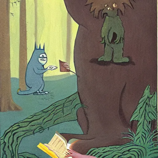 Image similar to monster reading a book in a forest, where the wild things are, bicycle nearby, oil on canvas, calm, maurice sendak