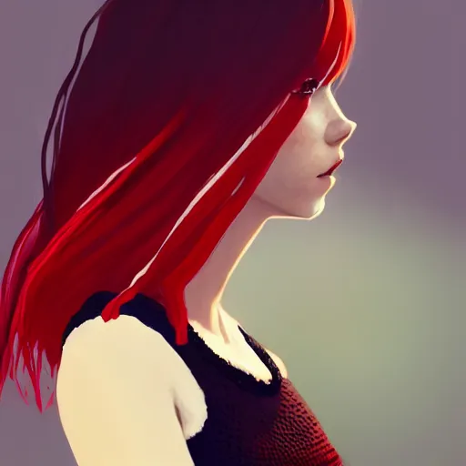 Prompt: A caucasian woman with red and black ombre hair wearing a crocheted crop-top, illustrated by Greg Rutkowski, in the style of Life is Strange, photorealistic portrait, trending on artstation, artstationHQ, artstationHD, dappled lighting,