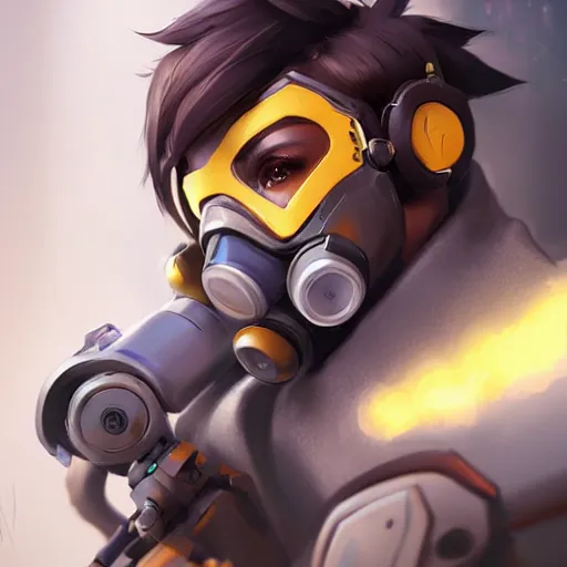 Image similar to overwatch tracer wearing a cyber gas mask, digital art, pretty face, very beautiful face, very detailed eyes, ultra detailed, by woop, greg rutkowski,