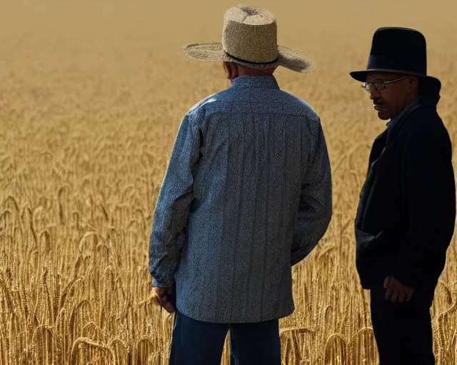 Prompt: extreme long shot of walter white wearing a black hat and gustavo fring standing facing each other from a distance in a wheat field, insanely detailed, low angle, side view, perfect angle, 8 5 mm photograph, 8 k resolution, wide shot, sharp lens, cinematic